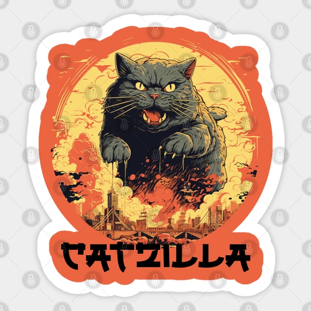 Catzilla Vintage Funny Cute Cat Art Japanese Sunset Sticker by Happy Lime